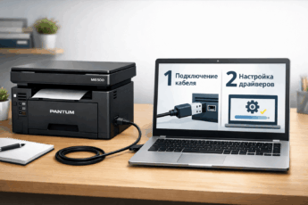 Принтер Pantum M6500 подключен к ноутбуку для установки драйверов