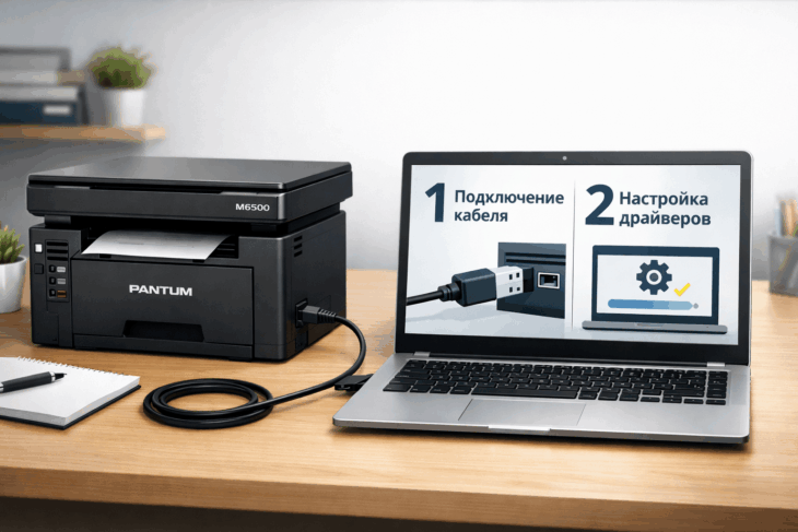 Принтер Pantum M6500 подключен к ноутбуку для установки драйверов
