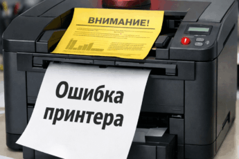 Принтер с мигающим индикатором и сообщением "Ошибка принтера" на выпадающем листе.
