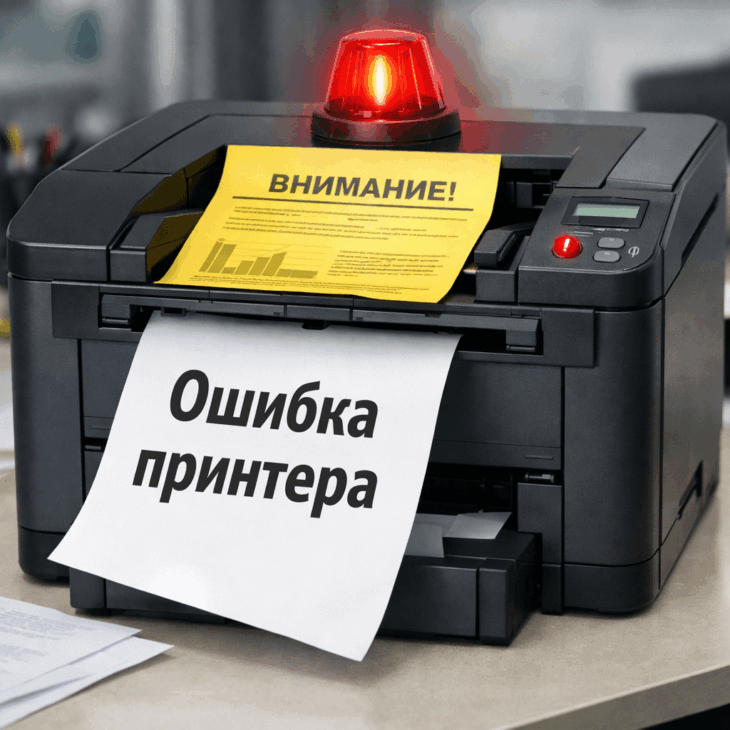 Принтер с мигающим индикатором и сообщением "Ошибка принтера" на выпадающем листе.