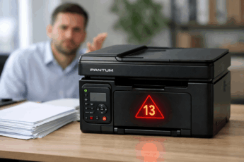 Принтер Pantum с ошибкой "13" на дисплее и листами бумаги на столе.