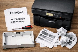 Код ошибки E1 на дисплее лазерного принтера Pantum M6500 и инструменты для диагностики.