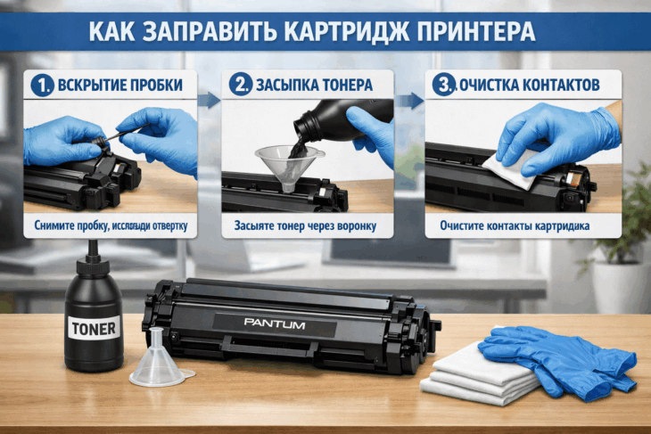 Инструкция по заправке черно-белого картриджа Pantum M6500 тонером.